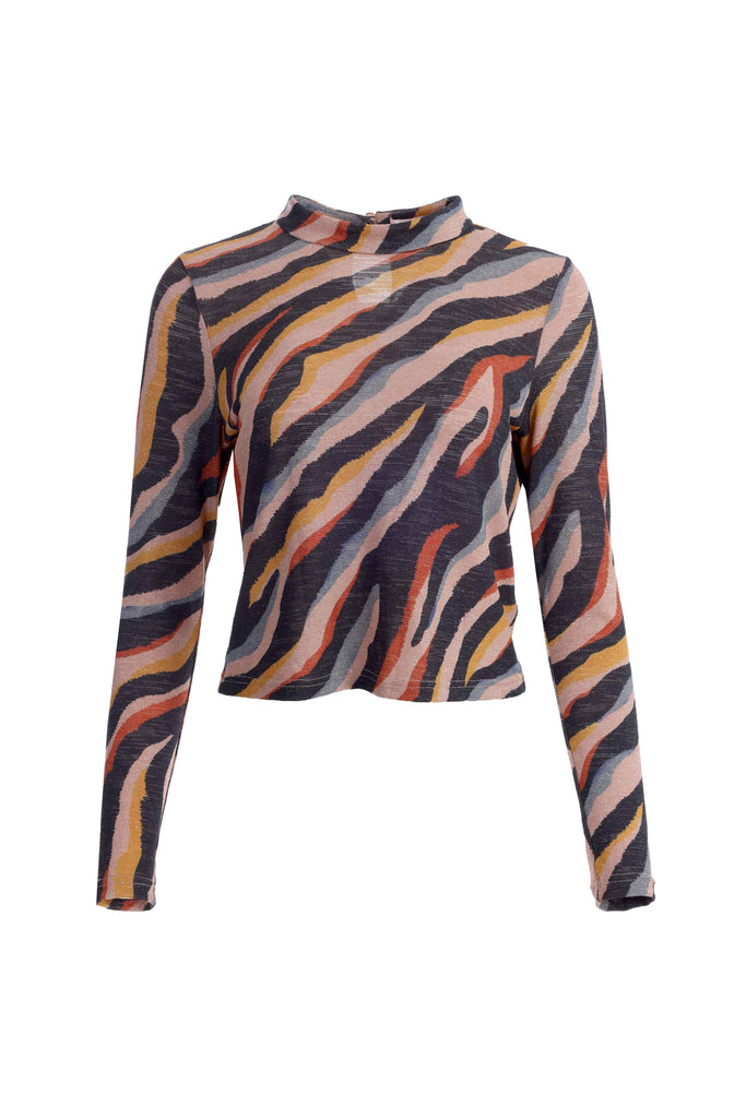 Invisible Mannequin Shot of Zebra Print Multicolour Glittery Long Sleeve High Neck Women's Top