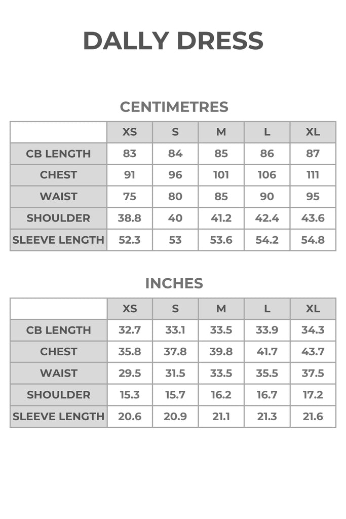 Full size chart for mini dress in centimetres and inches.