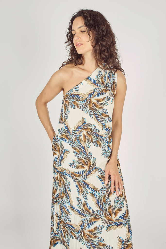 Close Up Front Model Shot of Cream Brown and Blue Feather Print One Shoulder Relaxed Fit Maxi Dress