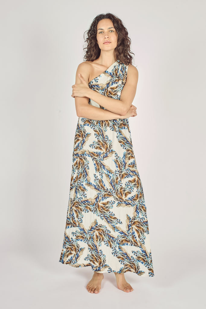Second Front Model Shot of Cream Brown and Blue Feather Print One Shoulder Relaxed Fit Maxi Dress