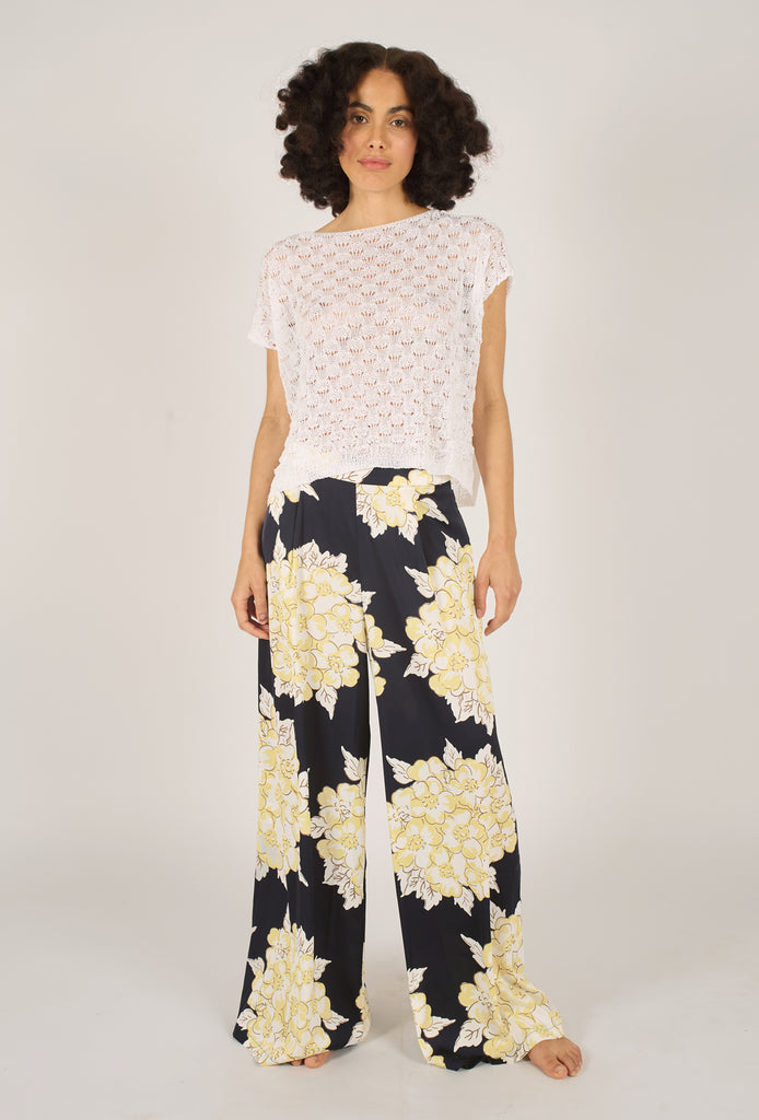 Front Model Shot of Navy Blue and Cream Floral Wide Leg Women's Trousers.