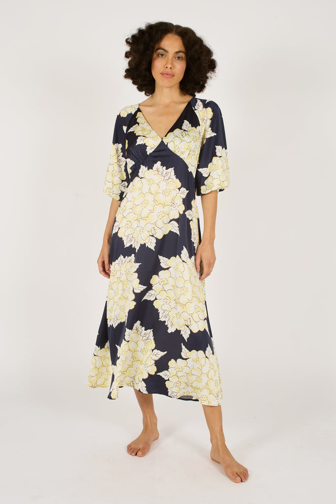 Front Model Shot of Navy Blue and Cream Floral V-Neck Three Quarter Sleeve Midi Dress.