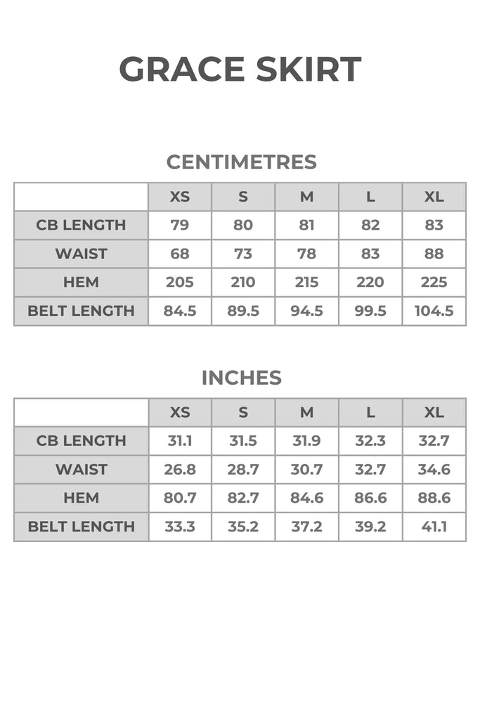 Full sizing chart for brick print midi skirt in centimetres and inches.