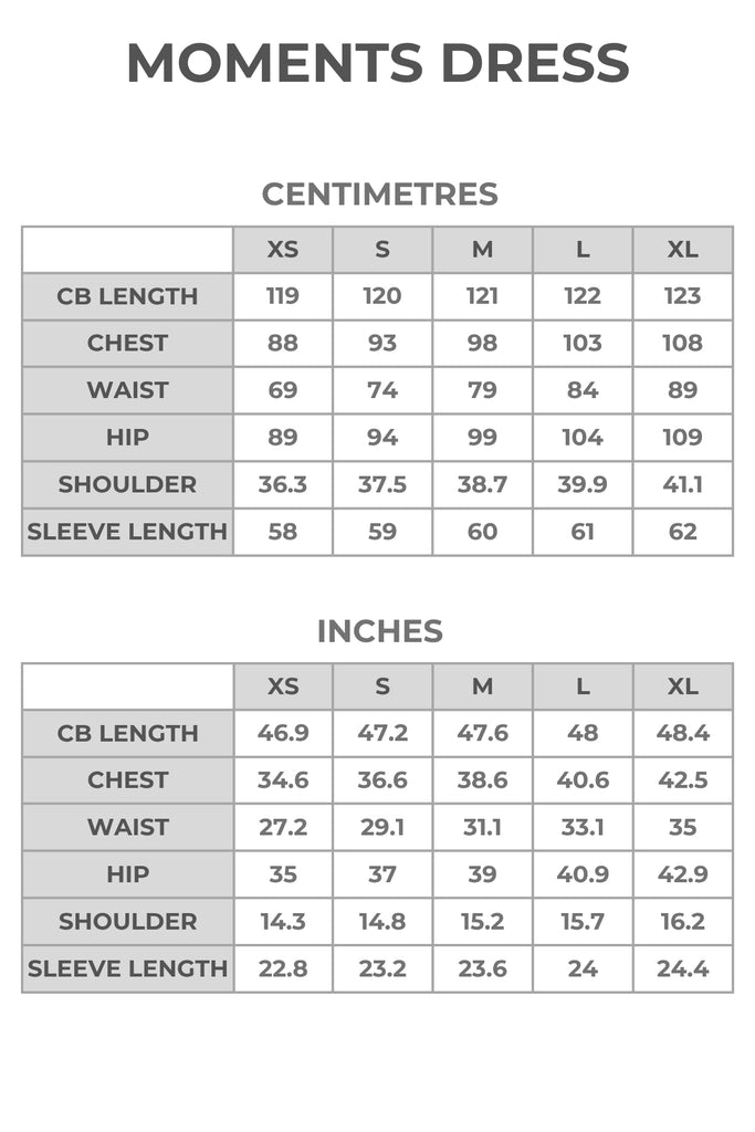 Full sizing information for print midi dress in centimetres and inches.