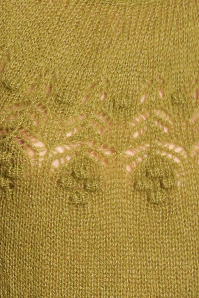 Swatch for green knitted jumper fabric.