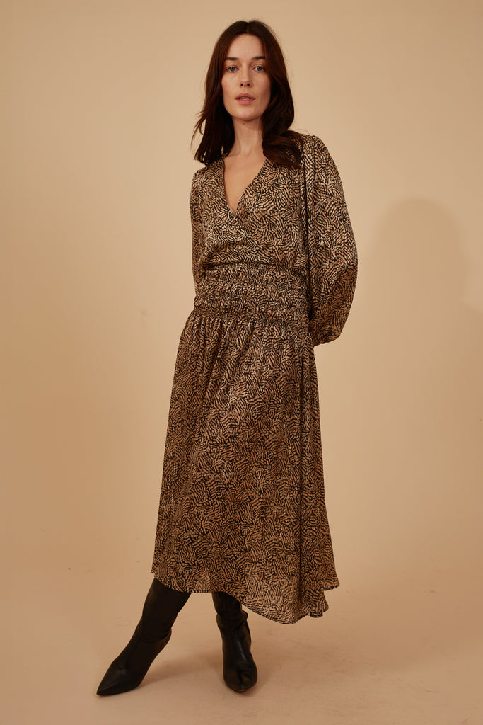 Brown and Black Animal Print Long Sleeve Wrap Top Elasticated Waist Midi Dress Front Model Shot