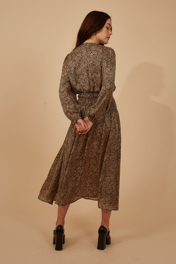 Brown and Black Animal Print Long Sleeve Wrap Top Elasticated Waist Midi Dress Back Model Shot