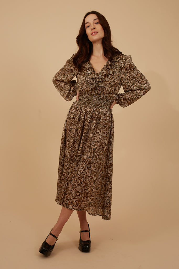 Brown and Black Animal Print Long Sleeve V Neck Elasticated Waist Midi Dress Front Model Shot