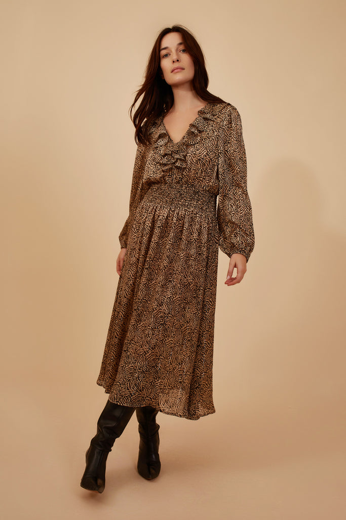 Brown and Black Animal Print Long Sleeve V Neck Elasticated Waist Midi Dress Front Model Shot 2