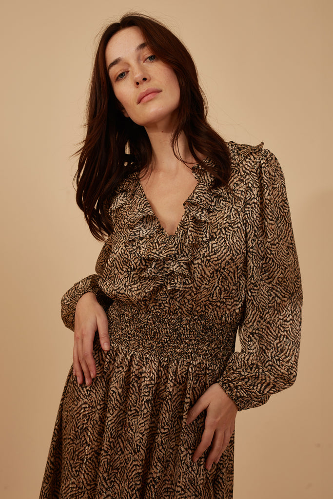 Brown and Black Animal Print Long Sleeve V Neck Elasticated Waist Midi Dress Close Up Front Model Shot