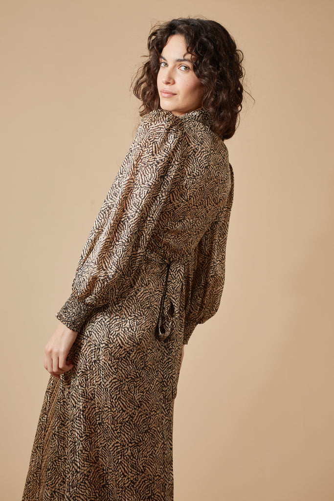 Brown and Black Animal Print Long Sleeve Tie Waist Maxi Wrap Dress Close Up Back Model Shot