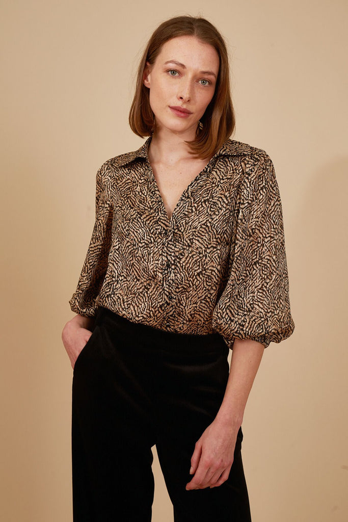 Brown and Black Animal Print 3/4 Sleeve V Neck Button Up Women's Shirt Close Up Front Model Shot