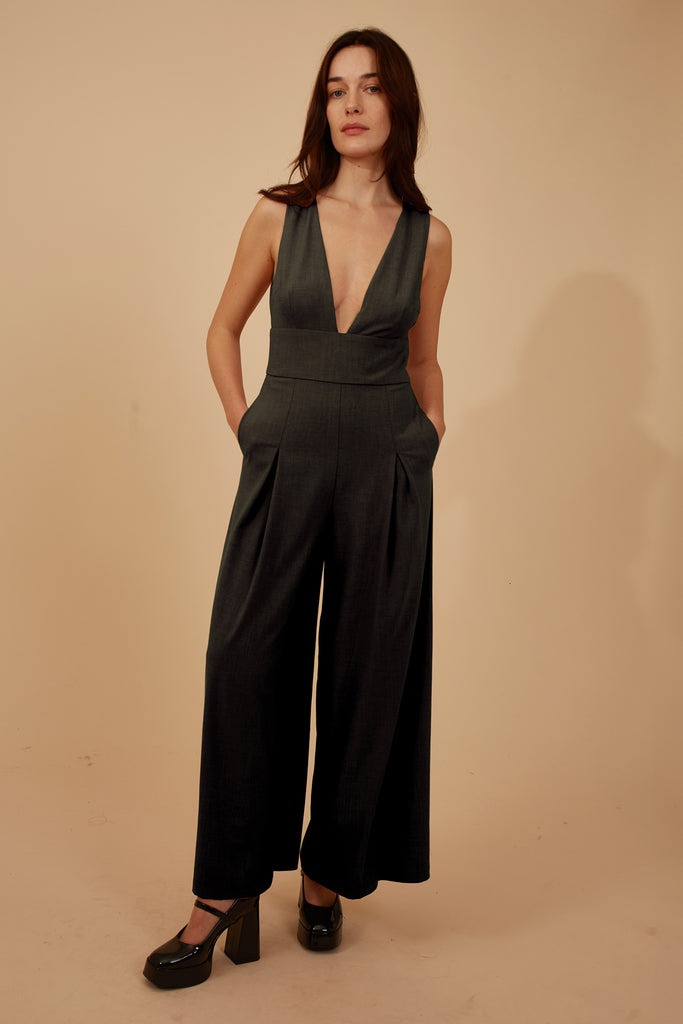 Black Sleeveless Deep V Neck Wide Leg Women's Jumpsuit Front Model Shot