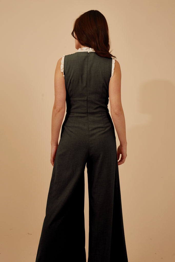 Black Sleeveless Deep V Neck Wide Leg Women's Jumpsuit Back Model Shot