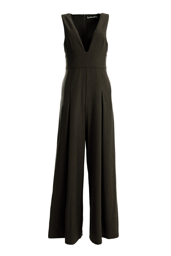 Invisible Mannequin Shot of Black Sleeveless Deep V Neck Wide Leg Women's Jumpsuit