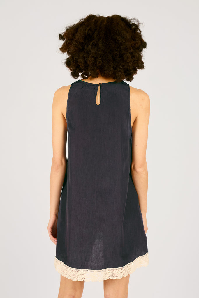 Close Up Back Model Shot for Navy Blue and Cream Lace Trim A-Line Mini Dress