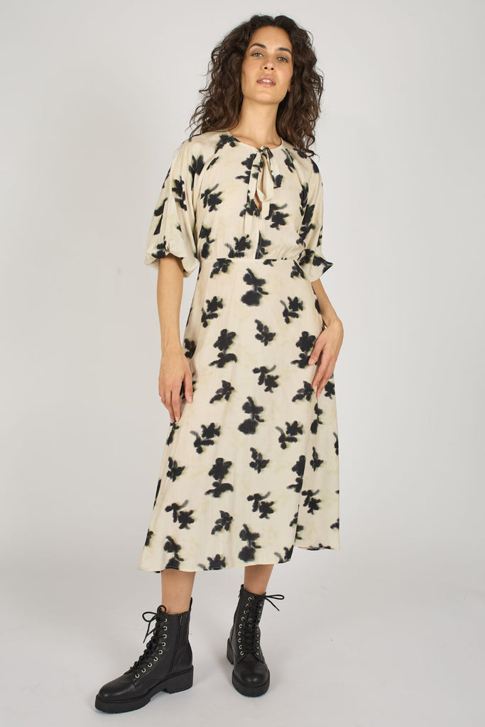 Cream and Black Print 3/4 Sleeve Tie Neck Midi Dress Front Model Shot