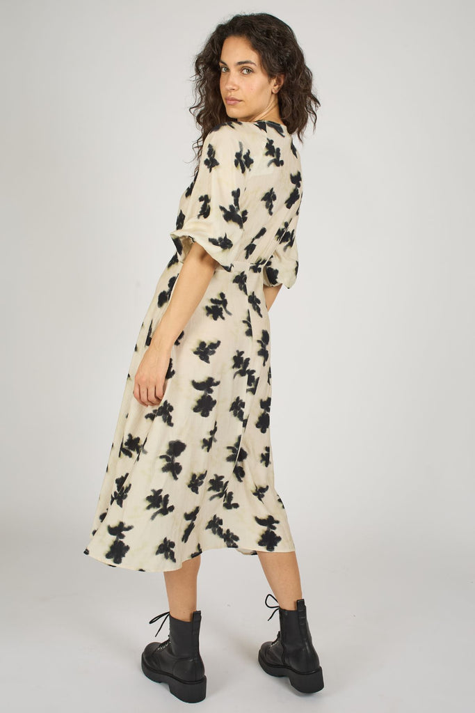 Cream and Black Print 3/4 Sleeve Tie Neck Midi Dress Back Model Shot