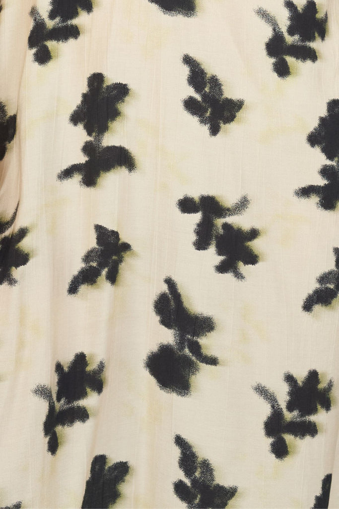 Close Up of Cream and Black Print Midi Dress Fabric