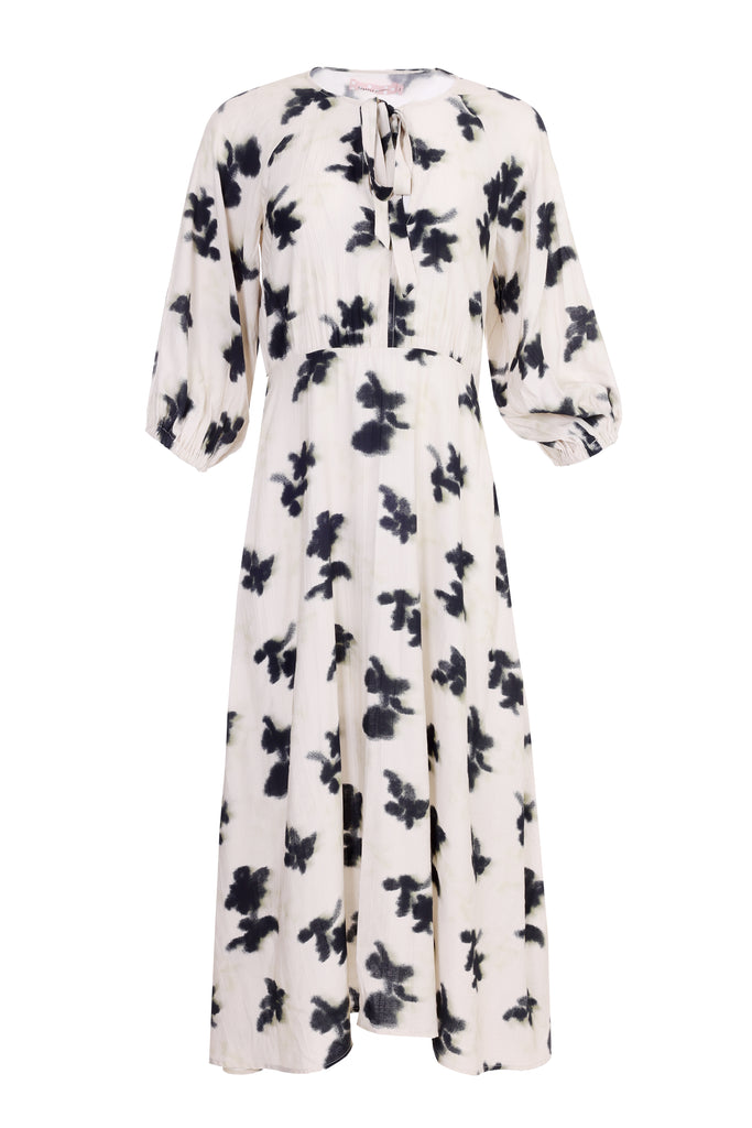 Invisible Mannequin Shot of Cream and Black Print 3/4 Sleeve Tie Neck Midi Dress