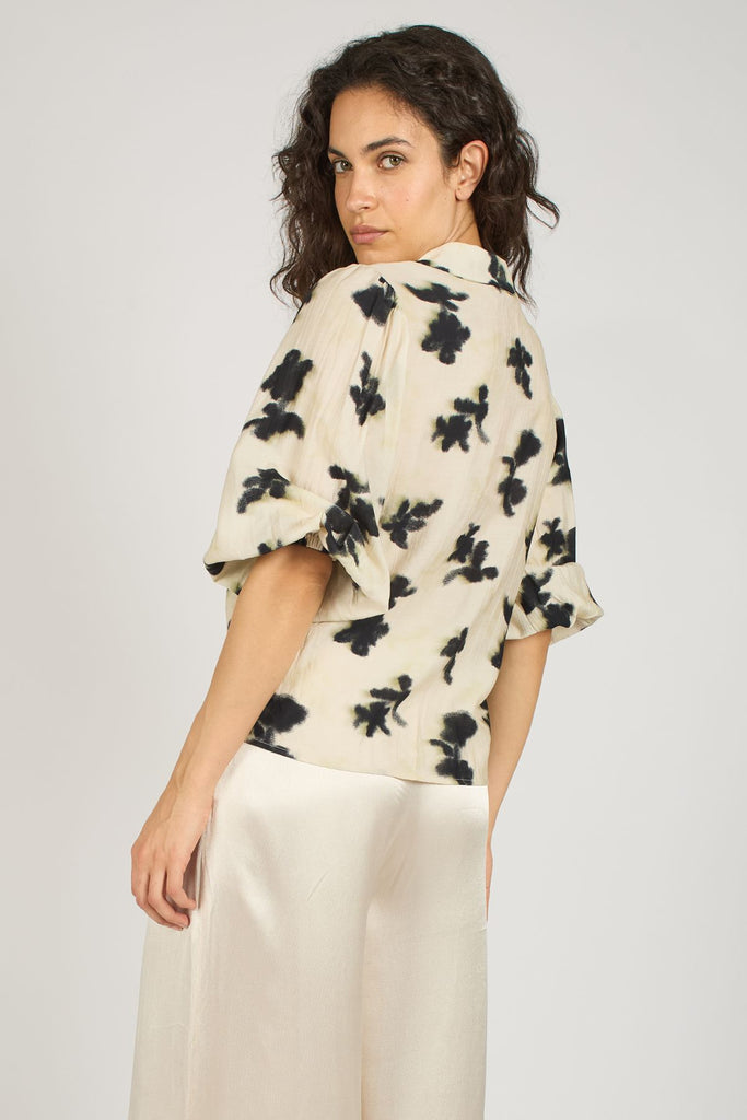 Cream and Black Print Button Up 3/4 Sleeve V Neck Women's Shirt Close Up Back Model Shot