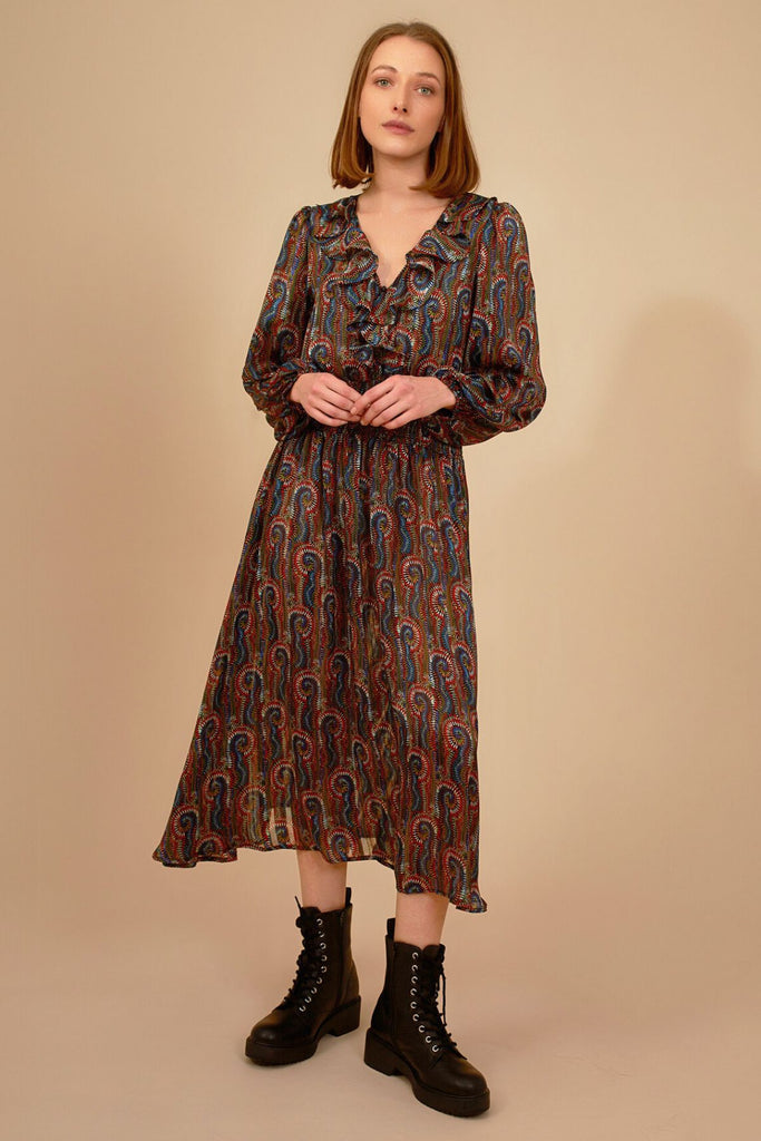 Blue and Red Multicolour Print Long Sleeve V Neck Elasticated Waist Midi Dress Front Model Shot