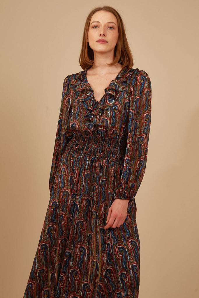 Blue and Red Multicolour Print Long Sleeve V Neck Elasticated Waist Midi Dress Close Up Front Model Shot