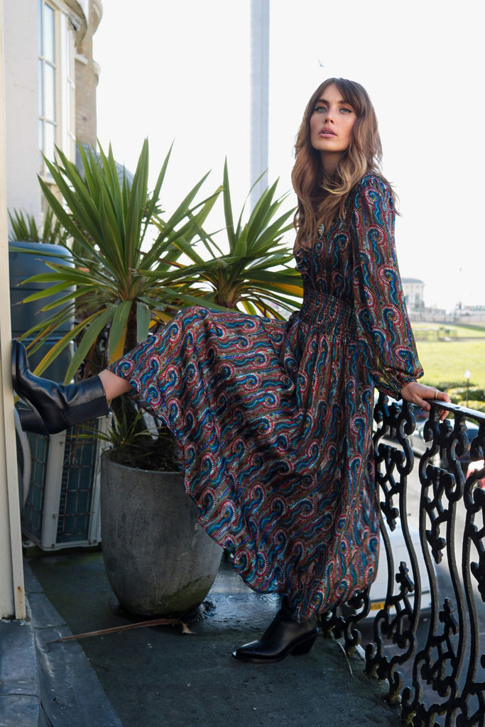 Blue and Red Multicolour Print Long Sleeve V Neck Elasticated Waist Midi Dress Side Model Shot