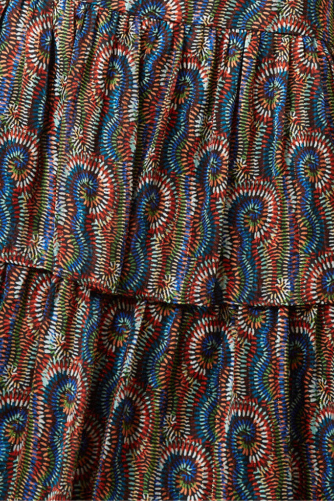 Close Up of Red and Blue Multicolour Print Midi Dress Fabric