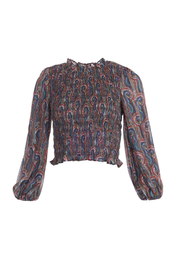 Invisible Mannequin Shot of Blue and Red Multicolour Print Smocked Bodice Long Sleeve High Neck Cropped Women's Top