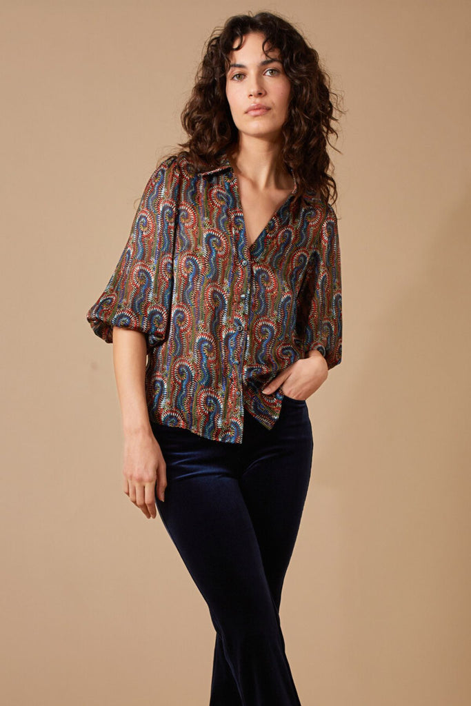 Blue and Red Multicolour Print 3/4 Sleeve V Neck Button Up Women's Shirt Front Model Shot