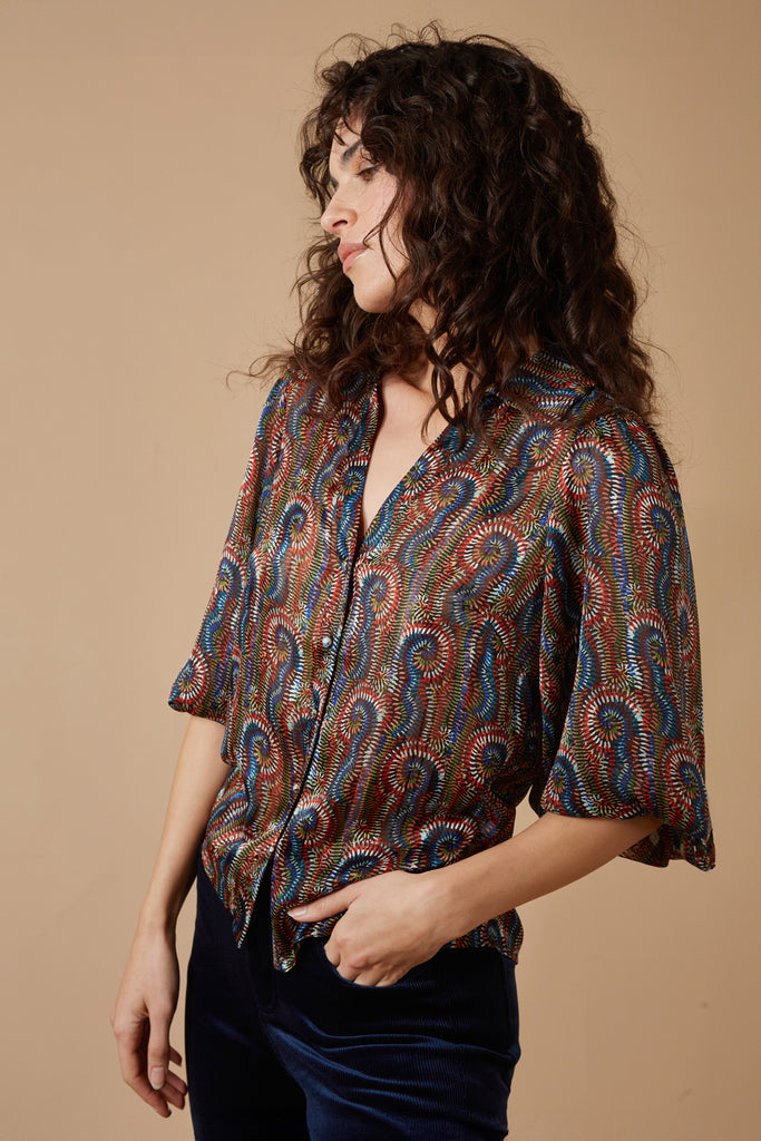 Blue and Red Multicolour Print 3/4 Sleeve V Neck Button Up Women's Shirt Side Model Shot