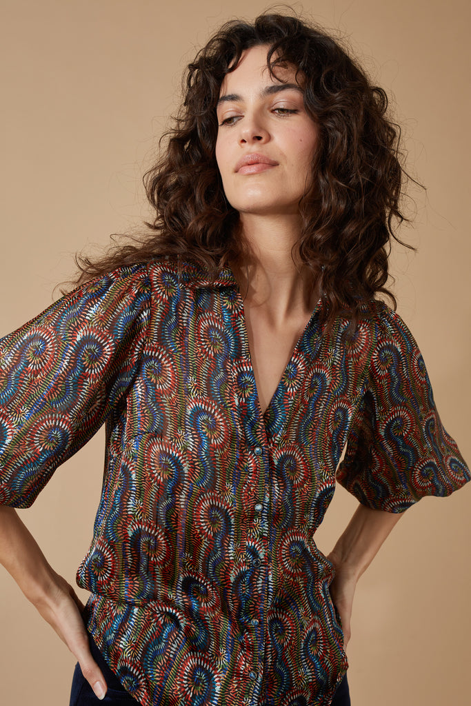 Blue and Red Multicolour Print 3/4 Sleeve V Neck Button Up Women's Shirt Close Up Front Model Shot 2