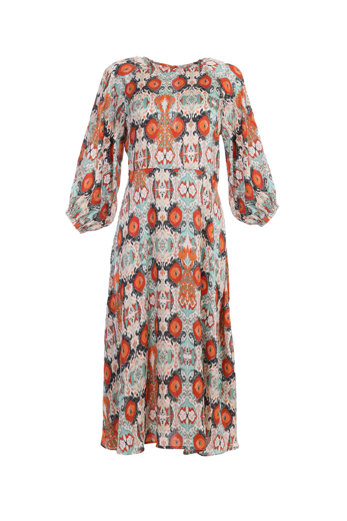 Invisible Mannequin Shot of Red Multicolour Paisley Print 3/4 Sleeve High Neck Skater Style Midi Dress