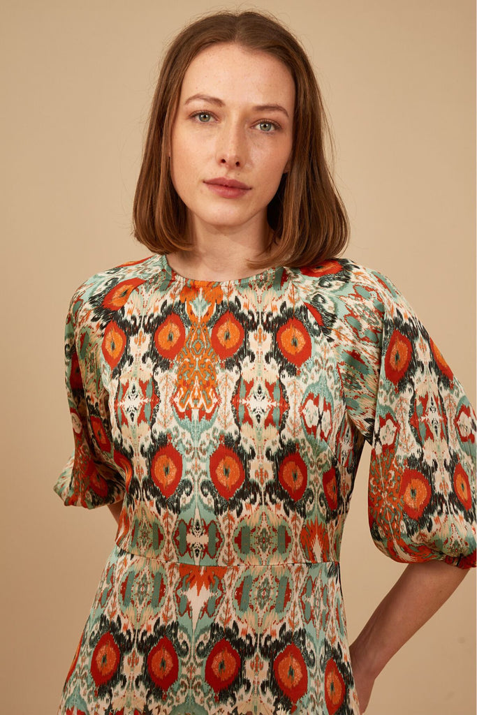 Red Multicolour Paisley Print 3/4 Sleeve High Neck Skater Style Midi Dress Close Up Front Model Shot