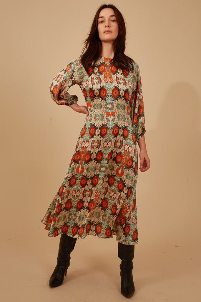 Red Multicolour Paisley Print 3/4 Sleeve High Neck Skater Style Midi Dress Front Model Shot 2