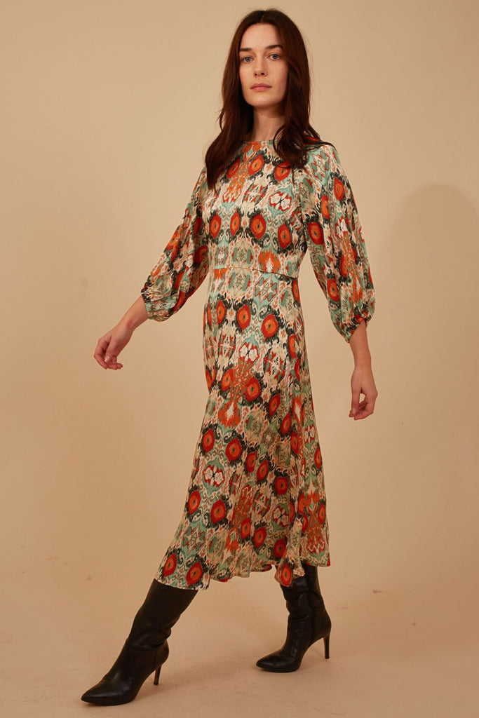 Red Multicolour Paisley Print 3/4 Sleeve High Neck Skater Style Midi Dress Side Model Shot