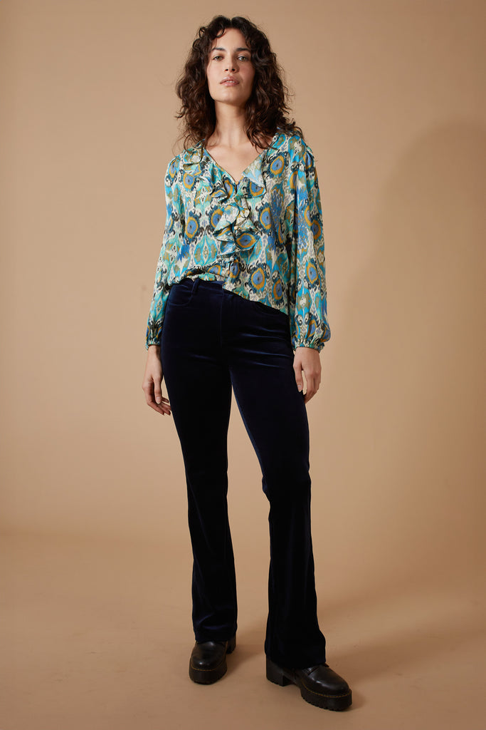 Blue Paisley Print Long Sleeve V Neck Button Up Women's Shirt Front Model Shot