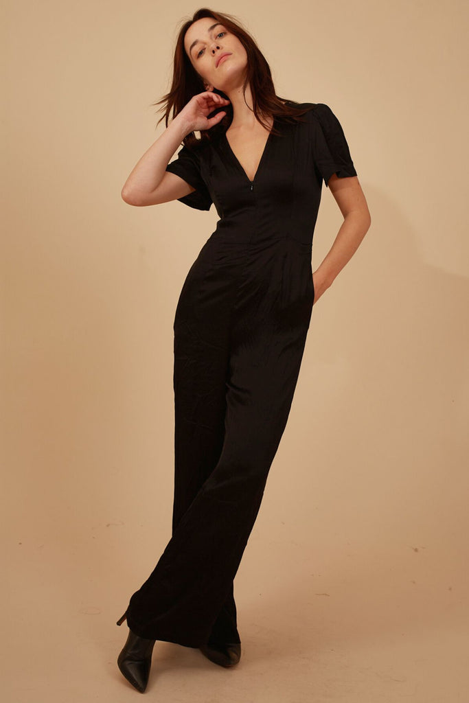 Black Silk Blend Short Sleeve V Neck Zip Front Women's Jumpsuit Front Model Shot 2