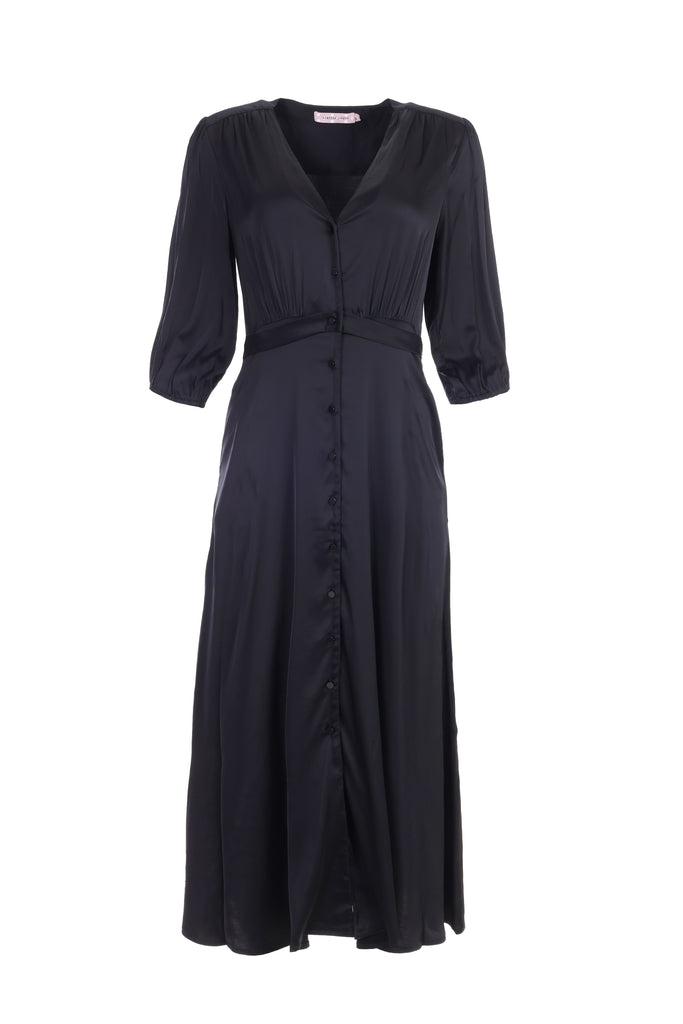 Invisible Mannequin Shot of Black Silk Blend Button Up 3/4 Sleeve V Neck Maxi Dress