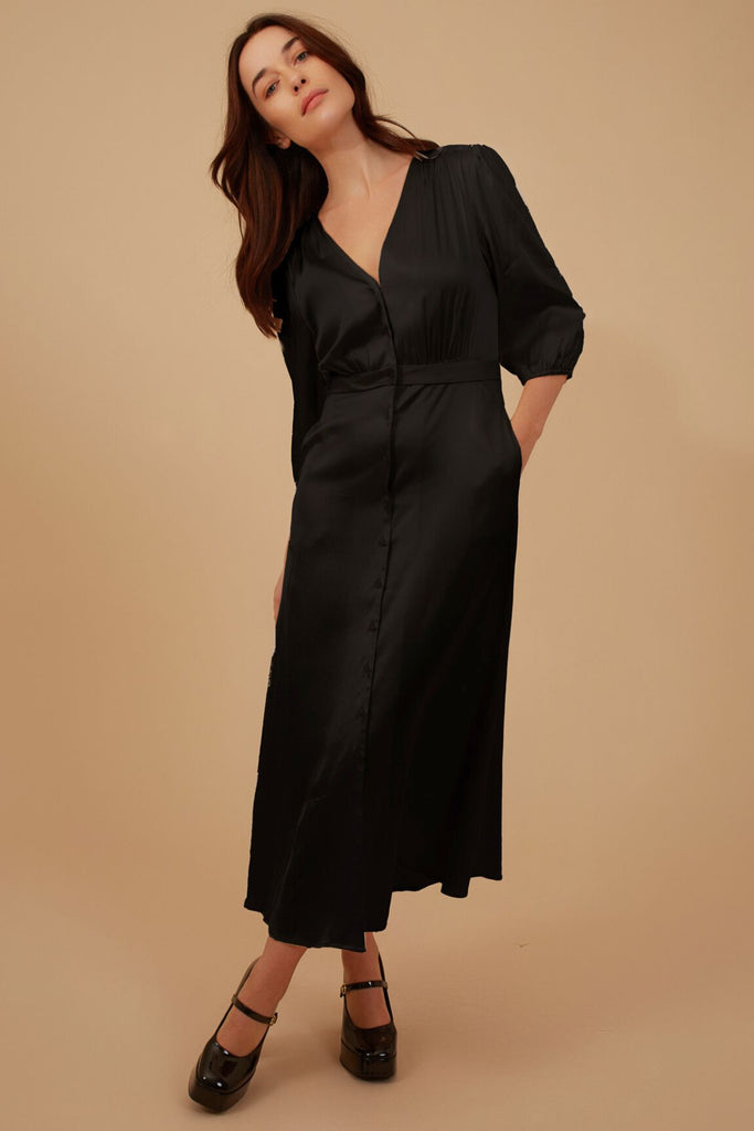 Black Silk Blend Button Up 3/4 Sleeve V Neck Midi Dress Front Model Shot