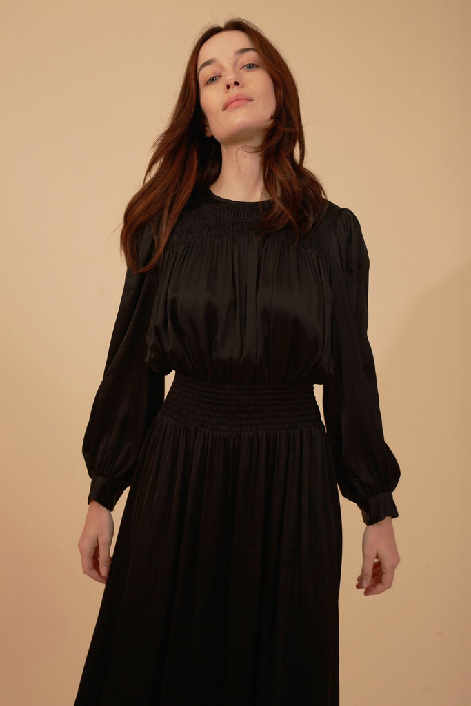 Black Silk Blend Long Sleeve High Neck Elasticated Waist Midi Dress Close Up Front Model Shot