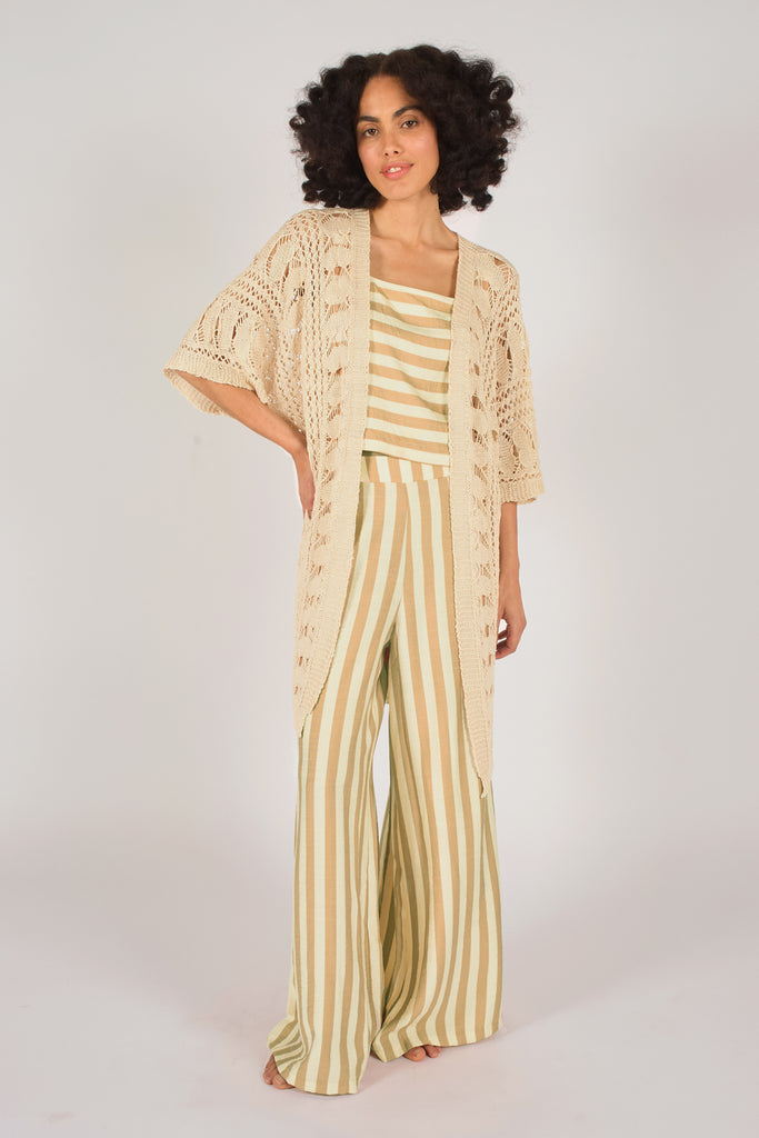 Second Front Model Shot of Cream Knitted Lace Style Short Sleeve Women's Cardigan