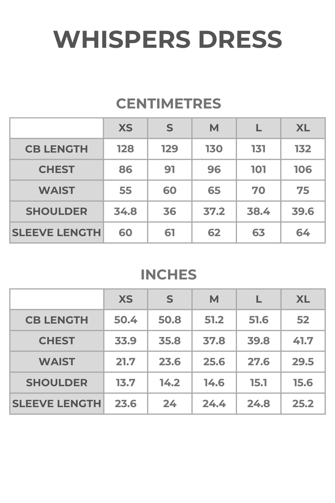 Full sizing chart for white and black dress in centimetres and inches.