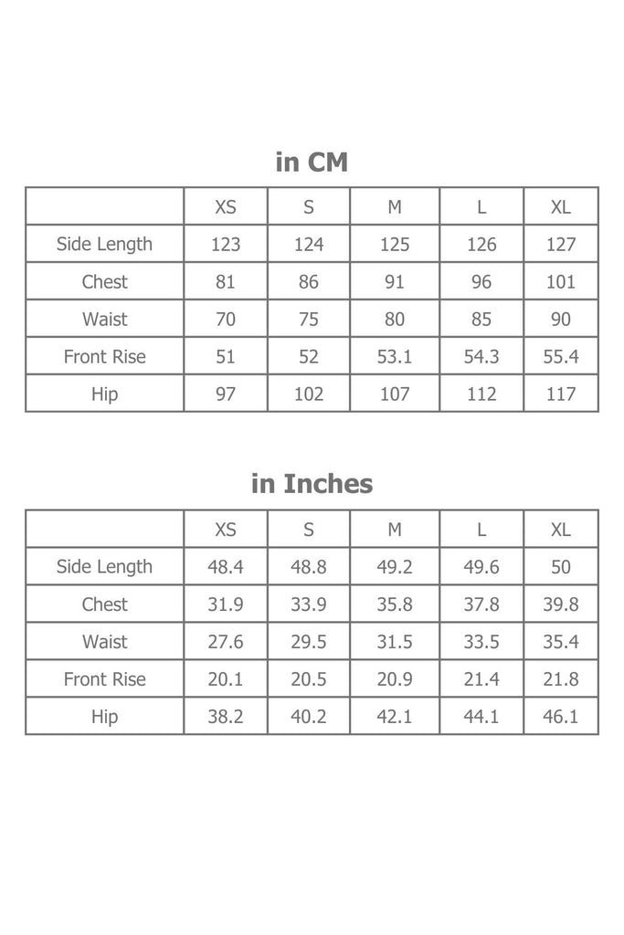 Full Sizing Information for Wide Leg Women's Jumpsuit in Centimetres and Inches.