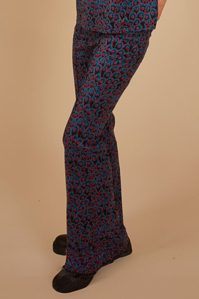 Blue and Red Print Kick Flare Women's Trousers Close Up Side Model Shot