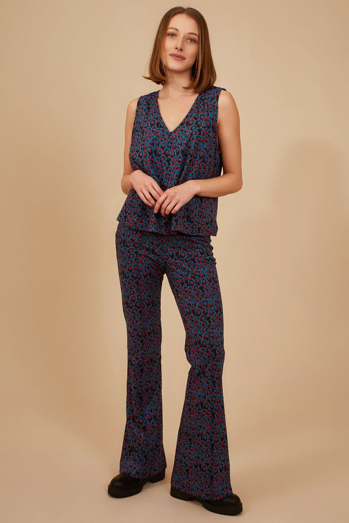 Blue and Red Print Kick Flare Women's Trousers Front Model Shot