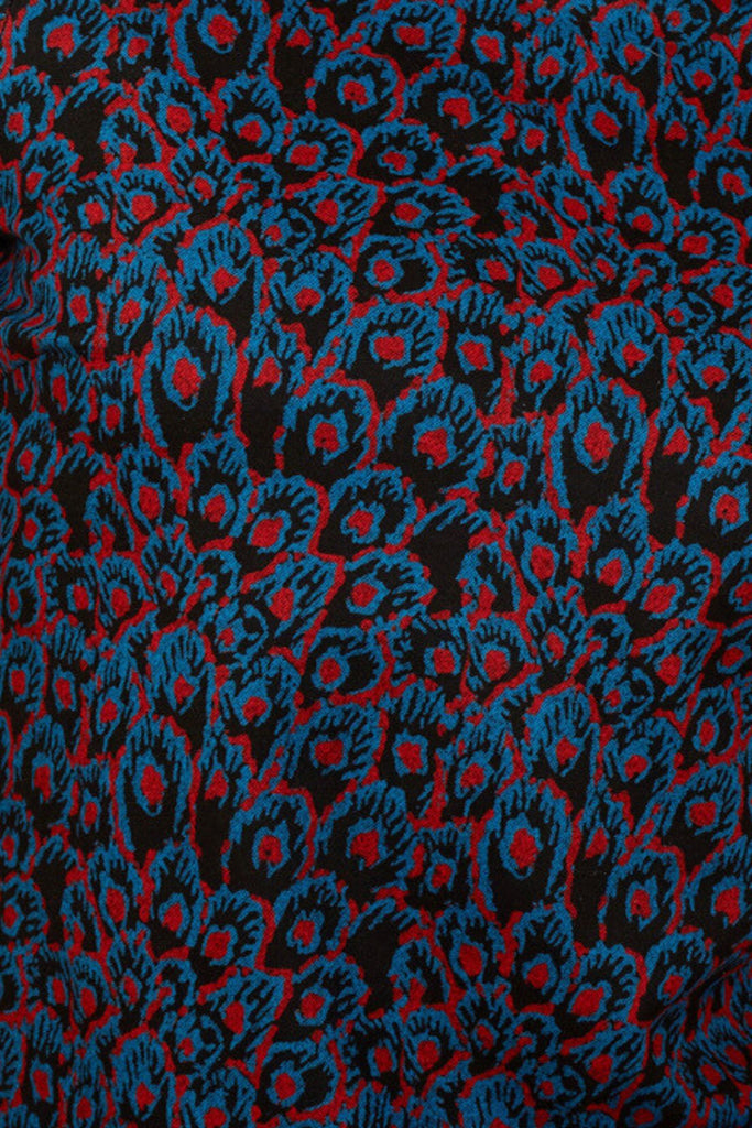 Close Up of Blue and Red Print Women's Trousers Fabric