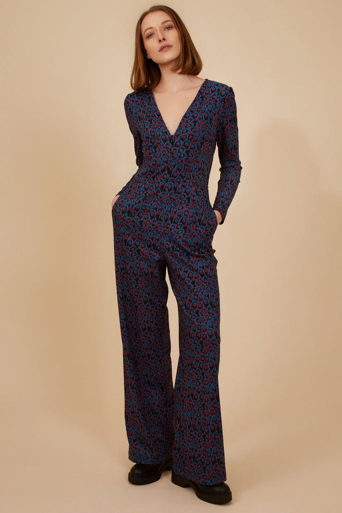 Blue and Red Print Long Sleeve V Neck Wide Leg Women's Jumpsuit Front Model Shot