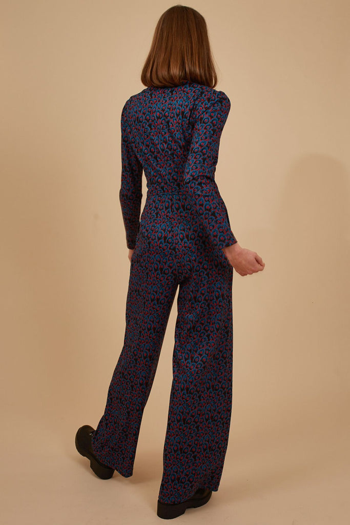 Blue and Red Print Long Sleeve V Neck Wide Leg Women's Jumpsuit Back Model Shot